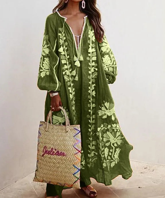Boho Elegant Print MooMoo Dress For Women | Loose Luxury MooMoo V Neck |  Lace Up Big Hem MooMoo Dresses 2025|  Fashion New Lady MooMoo Robe